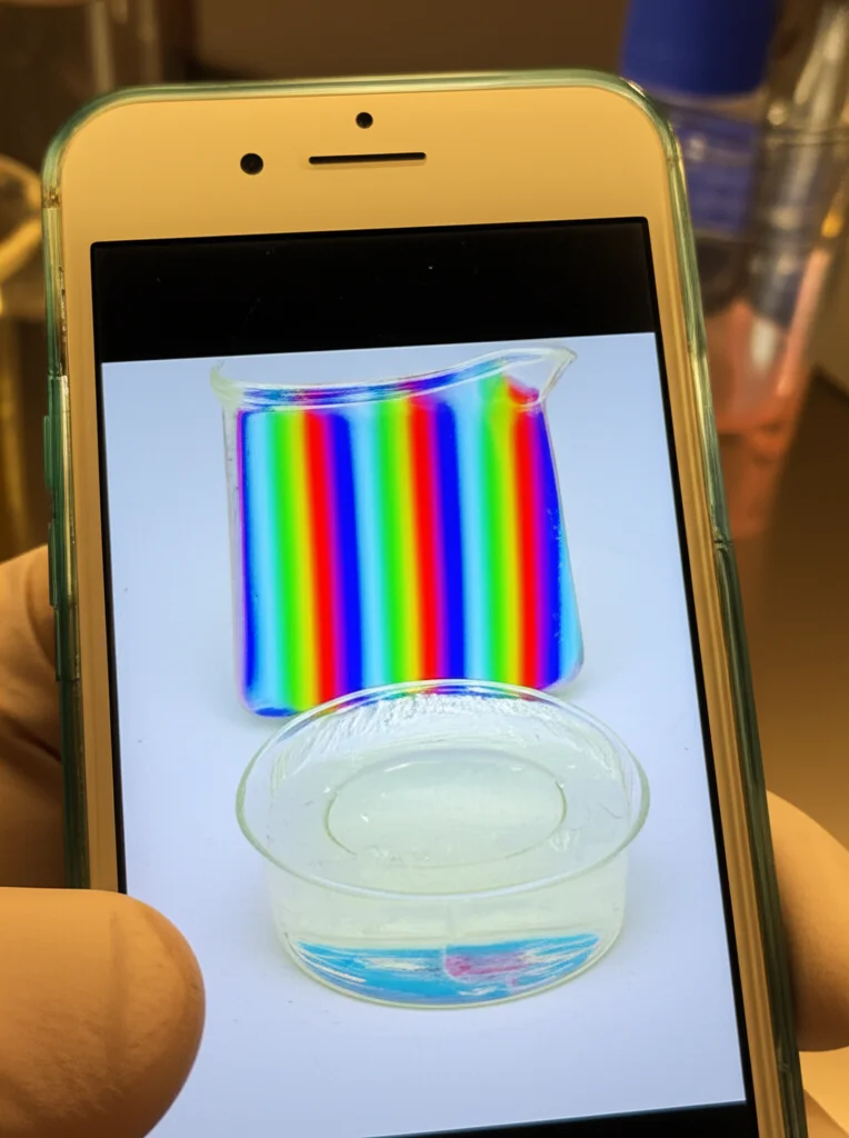 Immagine fotorealistica di uno smartphone moderno che inquadra da vicino un idrogel di metilcellulosa in un becher di vetro. Il gel mostra sottili variazioni di opalescenza dovute alla temperatura. Sullo schermo dello smartphone si intravede un'analisi colorimetrica RGB dei pixel del gel. Illuminazione da laboratorio controllata, lente macro 100mm, alta definizione, messa a fuoco precisa sull'interfaccia gel-smartphone.
