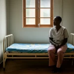 Immagine fotorealistica grandangolare (obiettivo 10-24mm) di un caregiver seduto pazientemente accanto a un letto d'ospedale in un reparto ugandese. La luce naturale entra da una finestra, illuminando la scena e catturando l'ambiente e il senso di dedizione. Messa a fuoco nitida.
