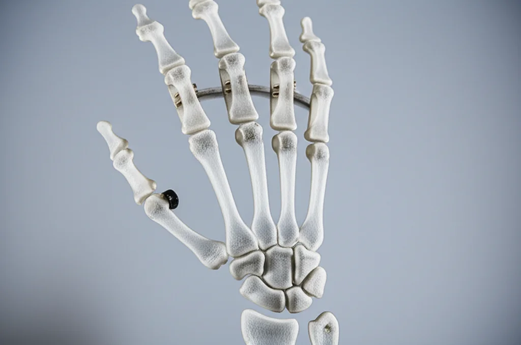Immagine macro di una protesi totale di polso moderna, con dettagli metallici e in PEEK, illuminazione da studio controllata, alta definizione, su sfondo neutro sfocato per enfatizzare l'impianto. Obiettivo macro 100mm, messa a fuoco precisa.