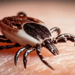 Macro lens, 105mm, high detail, precise focusing, controlled lighting of a Dermacentor nuttalli tick attached to skin.