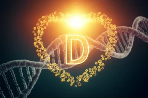 Un cuore stilizzato fatto di luce solare e molecole di vitamina D, con un accenno a filamenti di DNA sullo sfondo, a simboleggiare la connessione tra vitamina D, genetica e salute cardiometabolica. Prime lens, 50mm, depth of field, colori caldi e vibranti.