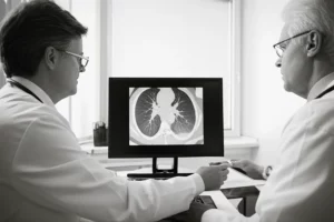 Un medico oncologo esamina attentamente una TAC polmonare su un monitor ad alta risoluzione, discutendo i rischi della polmonite da radiazioni con un paziente. Stile fotogiornalistico, lente prime 50mm, luce soffusa da finestra laterale, espressioni concentrate, bianco e nero con un leggero viraggio seppia per un tocco di serietà e speranza.