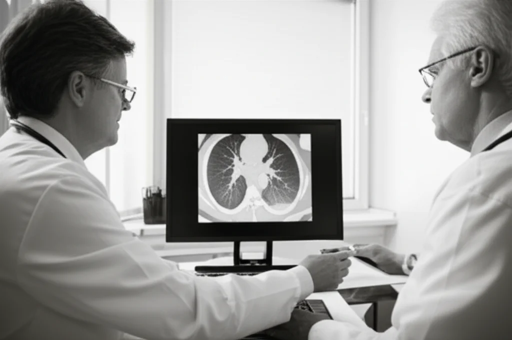 Un medico oncologo esamina attentamente una TAC polmonare su un monitor ad alta risoluzione, discutendo i rischi della polmonite da radiazioni con un paziente. Stile fotogiornalistico, lente prime 50mm, luce soffusa da finestra laterale, espressioni concentrate, bianco e nero con un leggero viraggio seppia per un tocco di serietà e speranza.