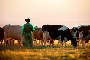 Una mandria di mucche da latte in un pascolo al tramonto, con un veterinario in tuta protettiva che osserva da lontano, immagine catturata con un teleobiettivo zoom 100-400mm per enfatizzare la profondità e il senso di sorveglianza, con una luce calda e un leggero effetto bokeh.