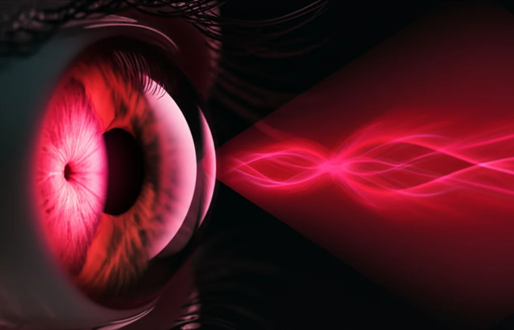 Un'immagine concettuale che mostra un occhio stilizzato con onde di luce rossa che convergono dolcemente verso la retina, simboleggiando l'effetto della terapia RLRL sulla miopia. Obiettivo macro 85mm, illuminazione soffusa e controllata, alta definizione per evidenziare i dettagli dell'occhio e l'interazione con la luce, sfondo scuro per far risaltare i colori.