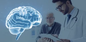Un'immagine concettuale che rappresenta la ricerca scientifica sulla malattia di Parkinson e la psicosi. Potrebbe essere un cervello stilizzato con aree illuminate che simboleggiano l'attività di ricerca, o un medico che esamina con attenzione dei dati su un tablet, con un paziente anziano sullo sfondo che guarda con fiducia. Obiettivo zoom, 24-70mm, colori naturali ma con un leggero duotono blu e grigio per un tocco scientifico, profondità di campo per mettere a fuoco il soggetto principale.