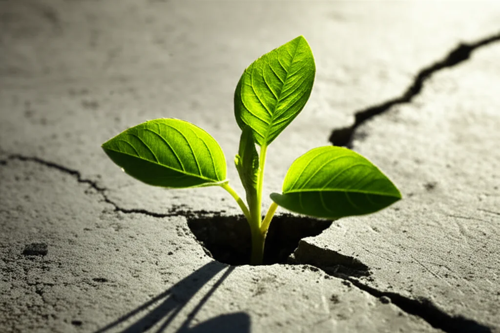 Un'immagine simbolica della guarigione dal trauma: una pianta verde brillante che cresce vigorosa attraverso delle crepe nel cemento grigio, illuminata da un caldo raggio di sole. Macro lens, 100mm, high detail, precise focusing, luce naturale morbida.