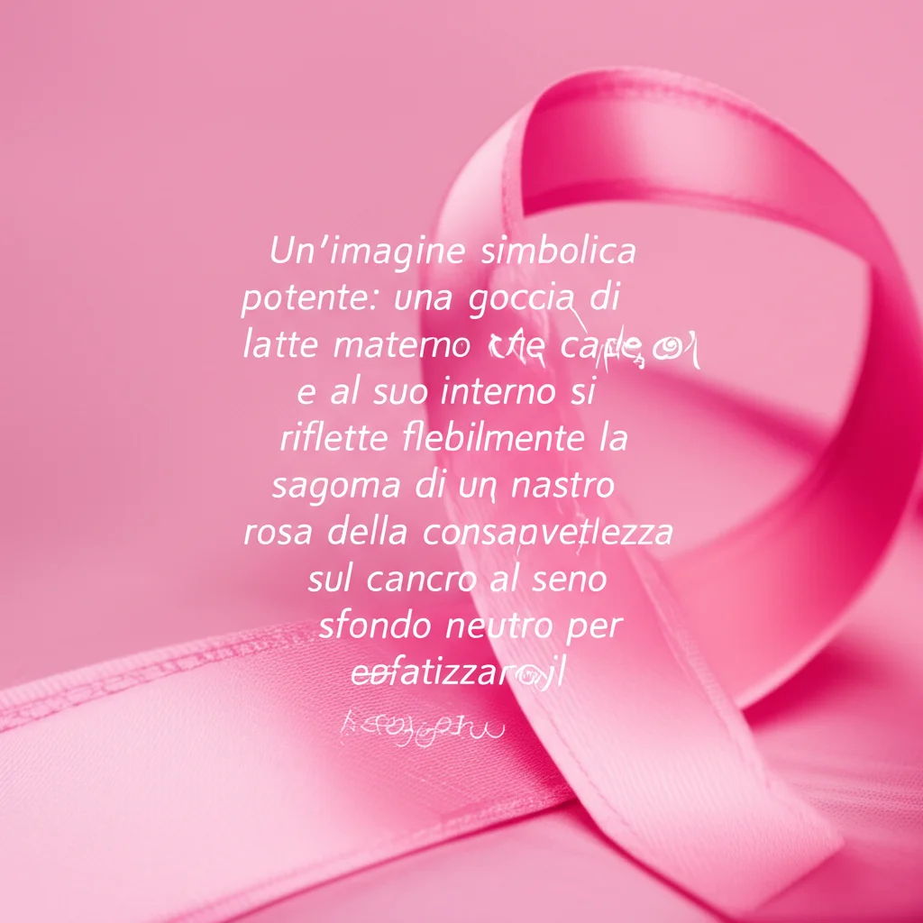 Un'immagine simbolica potente: una goccia di latte materno che cade, e al suo interno si riflette flebilmente la sagoma di un nastro rosa della consapevolezza sul cancro al seno. Macro lens, 100mm, high detail, precise focusing, controlled lighting, sfondo neutro per enfatizzare il soggetto.