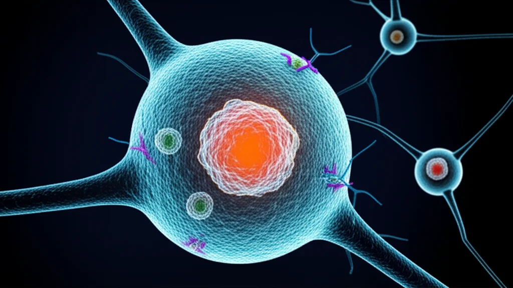 Visualizzazione 3D fotorealistica e artistica di un neurone con il nucleo in evidenza, dove la proteina CRTC1 (rappresentata con un colore brillante) si sta traslocando. Attorno al neurone, si vedono stilizzati dei recettori GluA2 su una sinapsi e delle vescicole di autofagia. L'immagine deve evocare il concetto di regolazione molecolare nell'epilessia. Obiettivo prime 35mm, profondità di campo, illuminazione drammatica per evidenziare CRTC1.