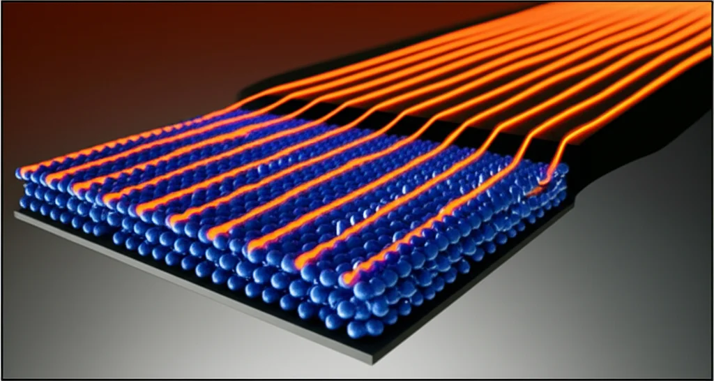 Visualizzazione artistica di un nanostrato con flussi di calore (fononi) che interagiscono in modo non lineare con le pareti e tra di loro. Macro lens, 100mm, high detail, precise focusing, con colori vivaci come arancione e blu che rappresentano l'energia termica e le sue deviazioni dal comportamento lineare in un ambiente high-tech.