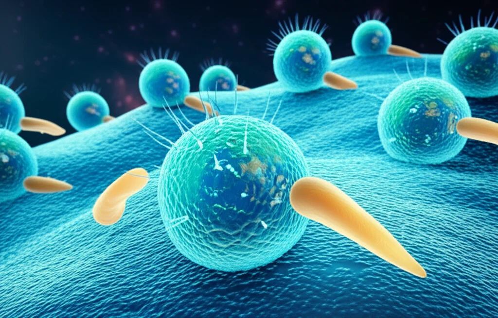 Visualizzazione artistica e fotorealistica di cellule CAR-T che attaccano selettivamente cellule tumorali solide in un microambiente complesso, evidenziando la precisione della terapia, obiettivo prime 35mm, profondità di campo, duotono blu e verde acqua per un effetto scientifico e speranzoso.