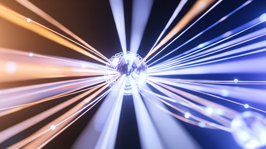 Visualizzazione concettuale di una rete neurale quantistica che analizza un'immagine cerebrale 3D, con qutrit luminosi rappresentati come sfere interconnesse da filamenti di luce (tensori) che elaborano i dati. Macro lens, 100mm, high detail, precise focusing, controlled lighting, sfondo scuro con elementi luminosi astratti che suggeriscono complessità e innovazione.