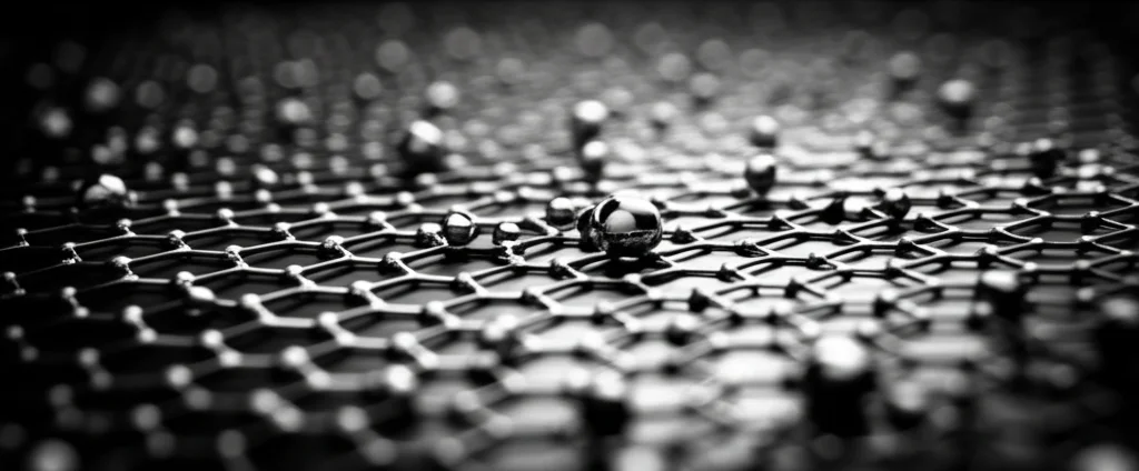 Visualizzazione fotorealistica di nanoparticelle di ossido di grafene drogato con argento (GO:Ag) che interagiscono con una superficie di silicio p-Si, simboleggiando l'applicazione in interfacce nanoelettroniche. Illuminazione drammatica, profondità di campo, duotono nero e argento metallico. Obiettivo prime, 35mm, film noir style.