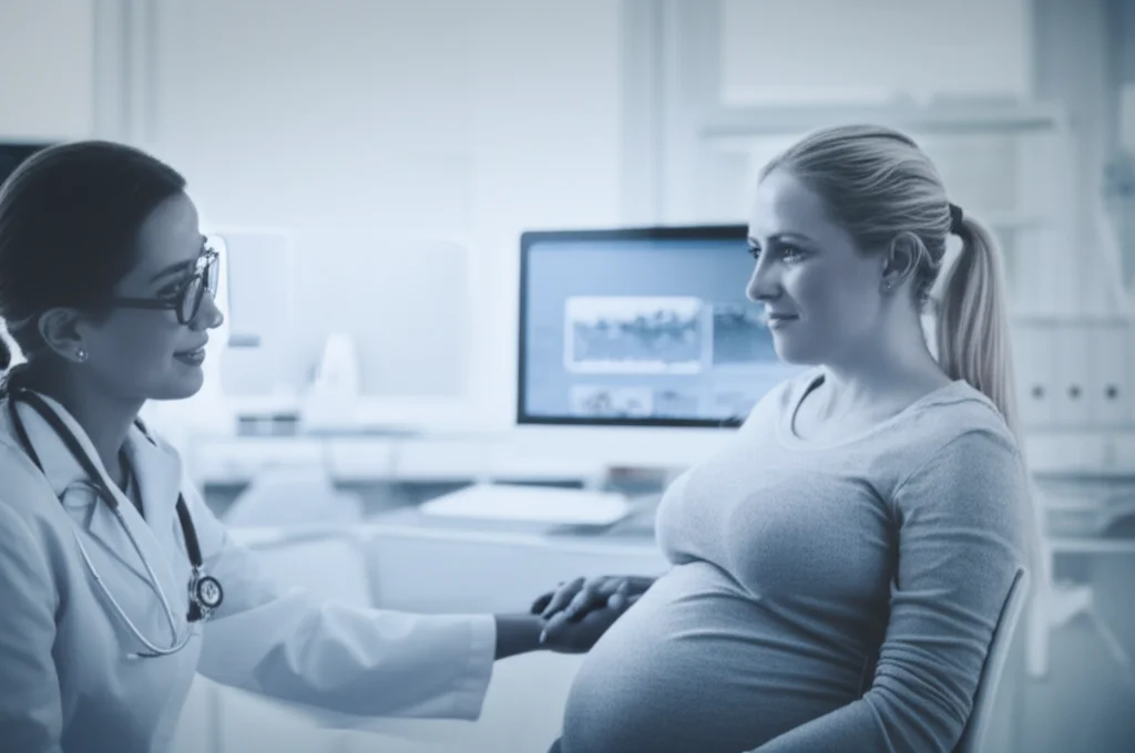 A hopeful portrait photography shot, 35mm lens, of a healthcare professional gently reassuring a pregnant woman, with a subtle background hint of a computer screen showing data analytics. Duotone effect in calming blue and grey, depth of field focusing on their interaction.