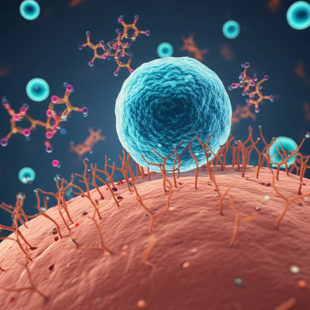 Fotografia concettuale, obiettivo prime 35mm, che illustra una molecola di mannosio interagente con una cellula tumorale della vescica stilizzata, con effetti visivi che suggeriscono piroptosi e risposta immunitaria, profondità di campo, duotone blu e arancione.