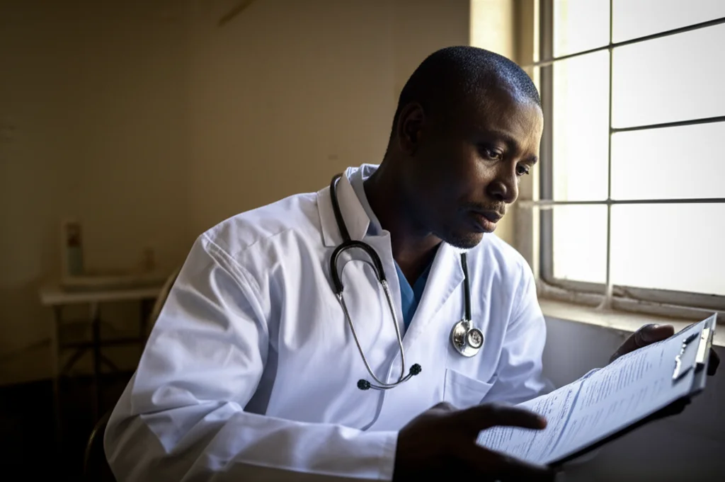 Fotografia in stile reportage, un medico in Camerun esamina attentamente una cartella clinica in un ospedale distrettuale, luce naturale che entra da una finestra, obiettivo 50mm, leggera profondità di campo, espressione concentrata ma speranzosa.