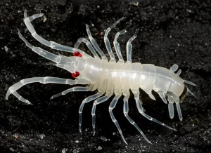 Fotografia macro ad alta definizione di un esemplare di Arthruridae, un nuovo crostaceo di profondità, su un substrato scuro che ne esalta il colore biancastro e la cuticola lucida; illuminazione da studio per massimizzare i dettagli morfologici, obiettivo macro 105mm.