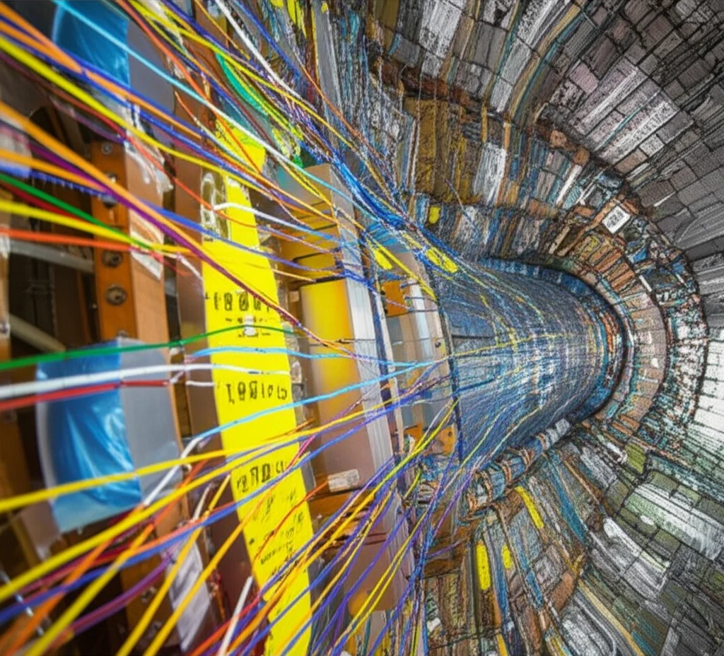 Immagine concettuale di una collisione di particelle all'LHC che produce quark top vettoriali e bosoni di Higgs carichi, con tracce di decadimento visibili. Stile fotorealistico, telephoto zoom, 100-400mm, fast shutter speed, action or movement tracking, con un focus sulla complessità dell'evento e la presenza di b-jet e leptoni.