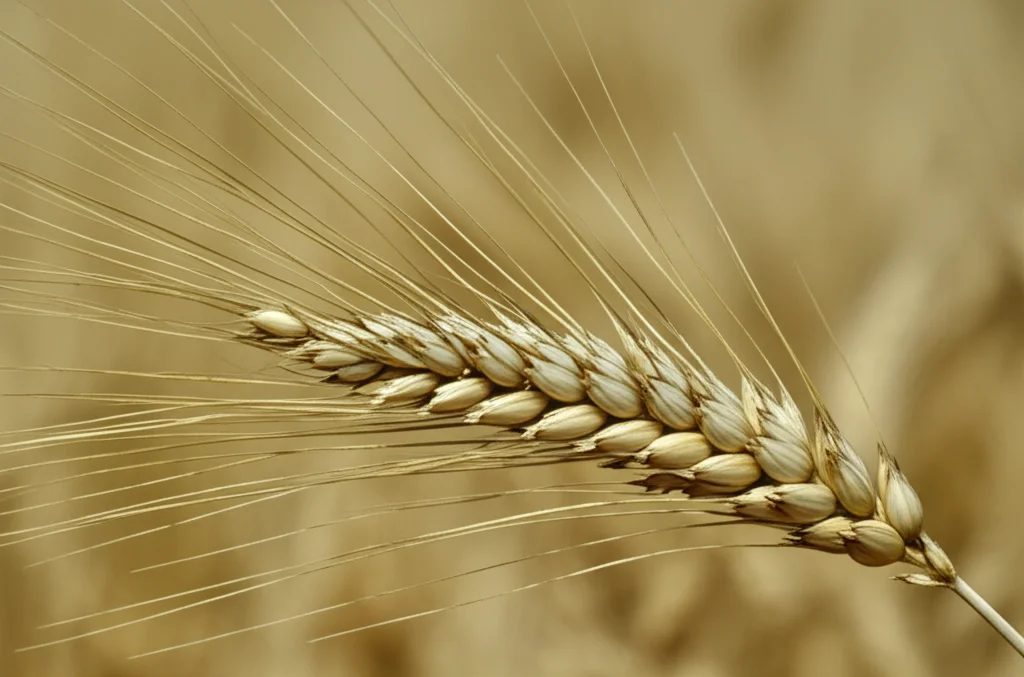 Primo piano estremo di una spiga di grano matura, con dettagli delle singole cariossidi e ariste, illuminazione da studio controllata per massimizzare la texture, obiettivo macro 100mm, alta definizione, sfondo leggermente sfocato per enfatizzare il soggetto, simboleggiando la precisione genetica nel controllo della spigatura.