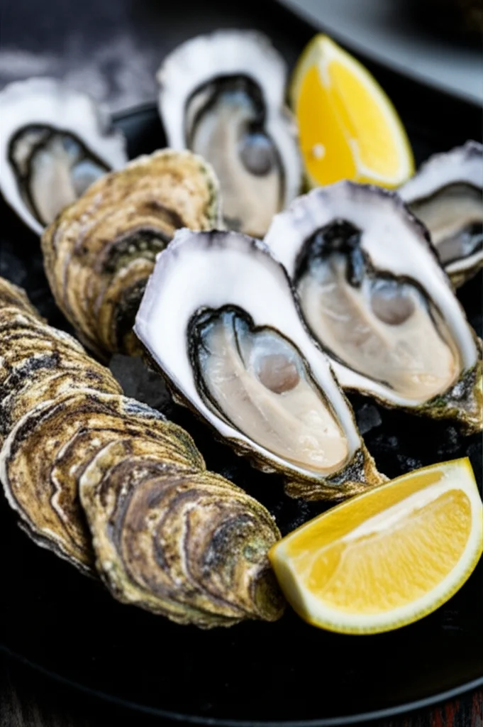 Un vassoio di ostriche freschissime aperte, pronte per essere gustate, presentate con spicchi di limone. Macro lens, 85mm, high detail, precise focusing, controlled lighting, con una leggera condensa sulle conchiglie che ne indica la freschezza.