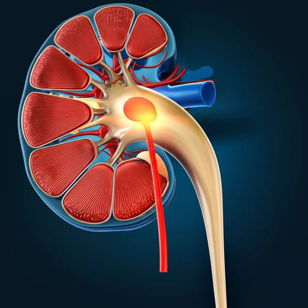 Visualizzazione 3D fotorealistica del sistema urinario superiore (rene, pelvi, uretere) con due aree luminose a confronto: una nella pelvi renale e una nell'uretere, simboleggiando le diverse localizzazioni del tumore UTUC. Macro lens, 70mm, high detail, illuminazione drammatica per distinguere le aree su sfondo scuro.