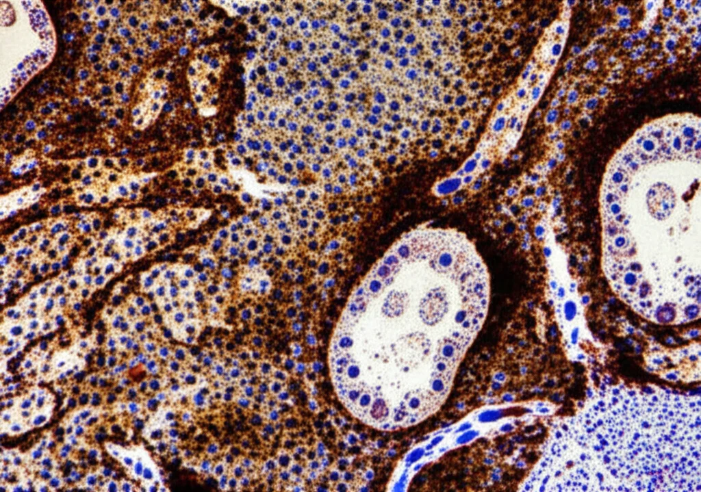 Visualizzazione scientifica avanzata che mostra una sezione di tessuto tumorale con dati di trascrittomica spaziale sovrapposti, evidenziando l'eterogeneità genetica (CNAs) con colori diversi. Focus nitido, illuminazione drammatica controllata, lente macro 85mm, alta risoluzione.