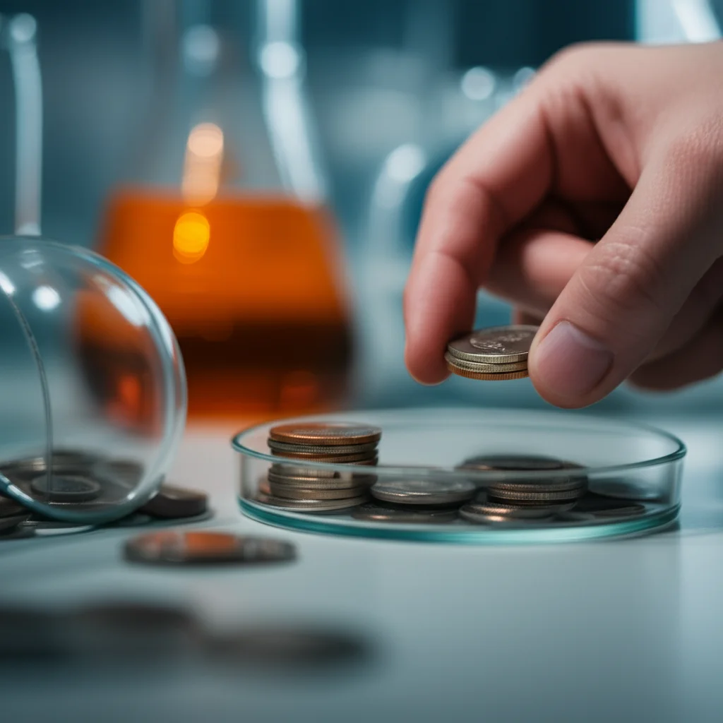 A hand placing a stack of coins next to a petri dish in a lab setting, macro lens, 100mm, high detail, precise focusing, controlled lighting, symbolizing funding influence.