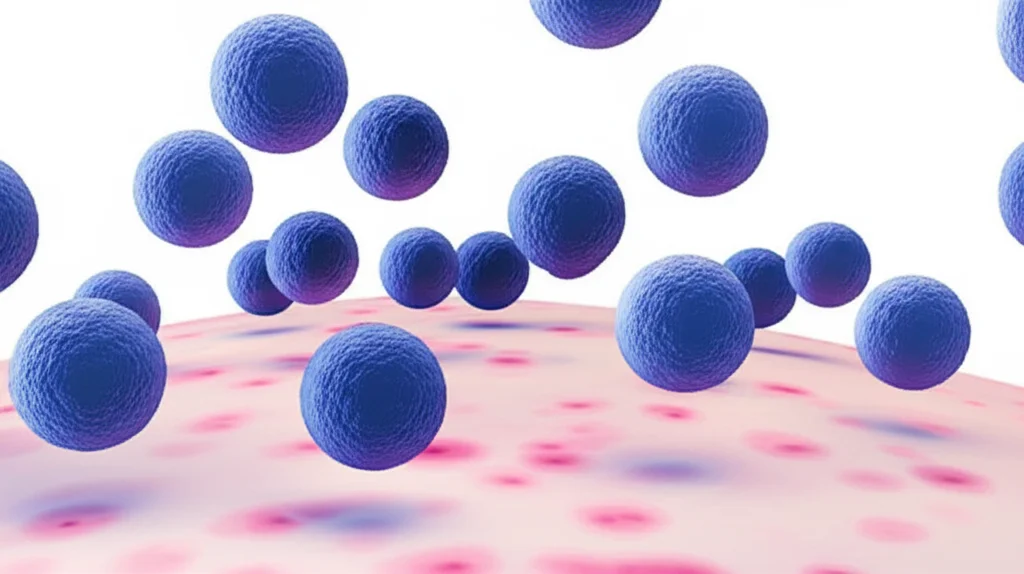 Illustrazione concettuale del sistema immunitario che attacca cellule tumorali (cerchi scuri) ma, come effetto collaterale, causa anche lesioni cutanee (piccole aree rosse infiammate sulla superficie della pelle stilizzata). Prime lens, 35mm, profondità di campo, duotone blu e rosso per evidenziare il contrasto tra l'effetto terapeutico e l'effetto avverso.