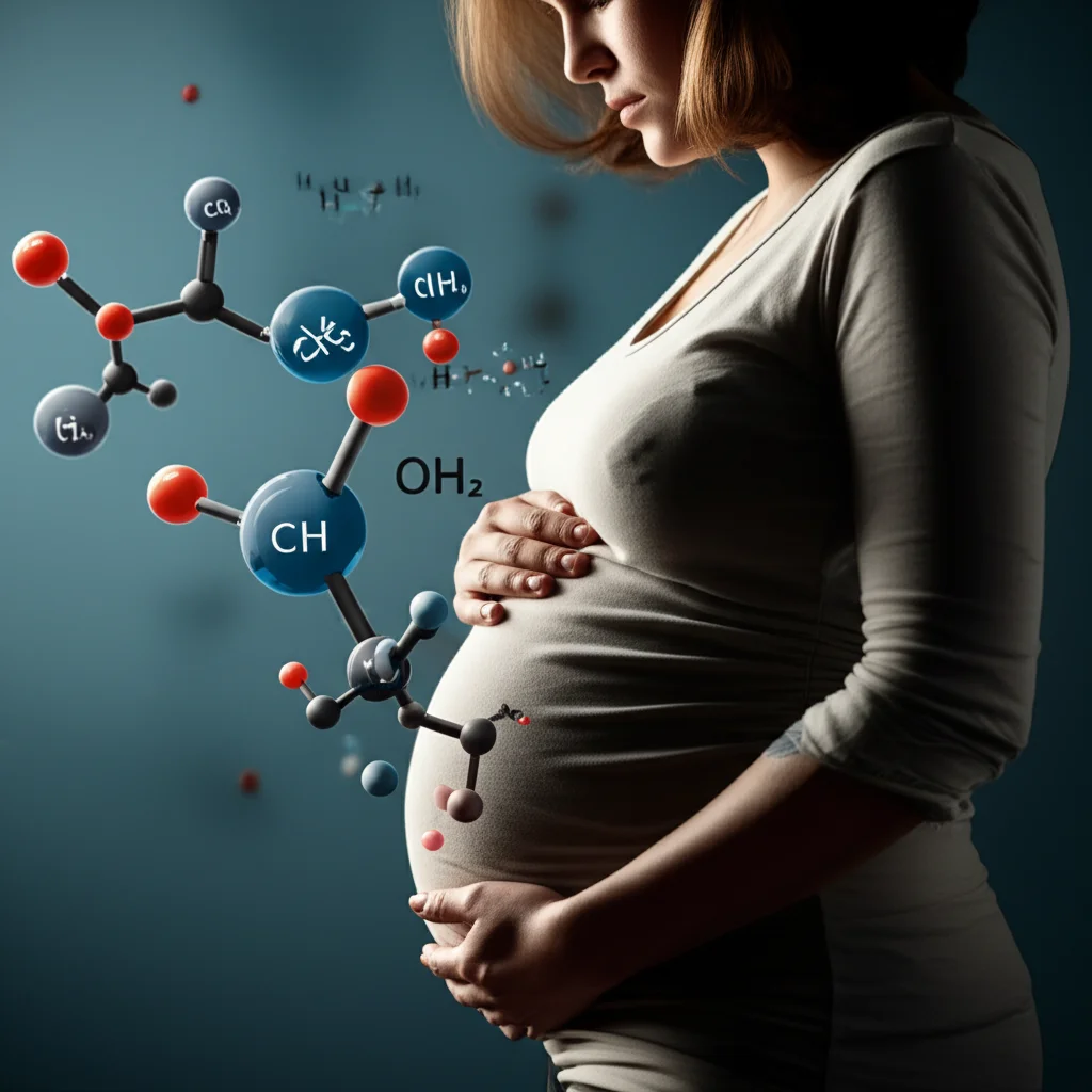 Illustrazione concettuale di una silhouette di donna incinta con elementi scientifici come grafici e molecole di colesterolo che fluttuano intorno, simboleggiando la ricerca sulla depressione perinatale e il colesterolo remanente. Prime lens, 35mm, depth of field, toni caldi e rassicuranti con accenti blu scientifici.