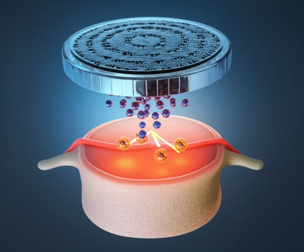 Immagine concettuale altamente realistica di una nanopiattaforma avanzata che rilascia agenti terapeutici (SIRT1 e SOX9) all'interno di un disco intervertebrale umano stilizzato, evidenziando la rigenerazione cellulare e la riduzione dell'infiammazione. Illuminazione drammatica, profondità di campo, obiettivo 50mm, toni blu freddi per la tecnologia e accenti arancioni/rossi caldi per la rigenerazione e l'infiammazione controllata.