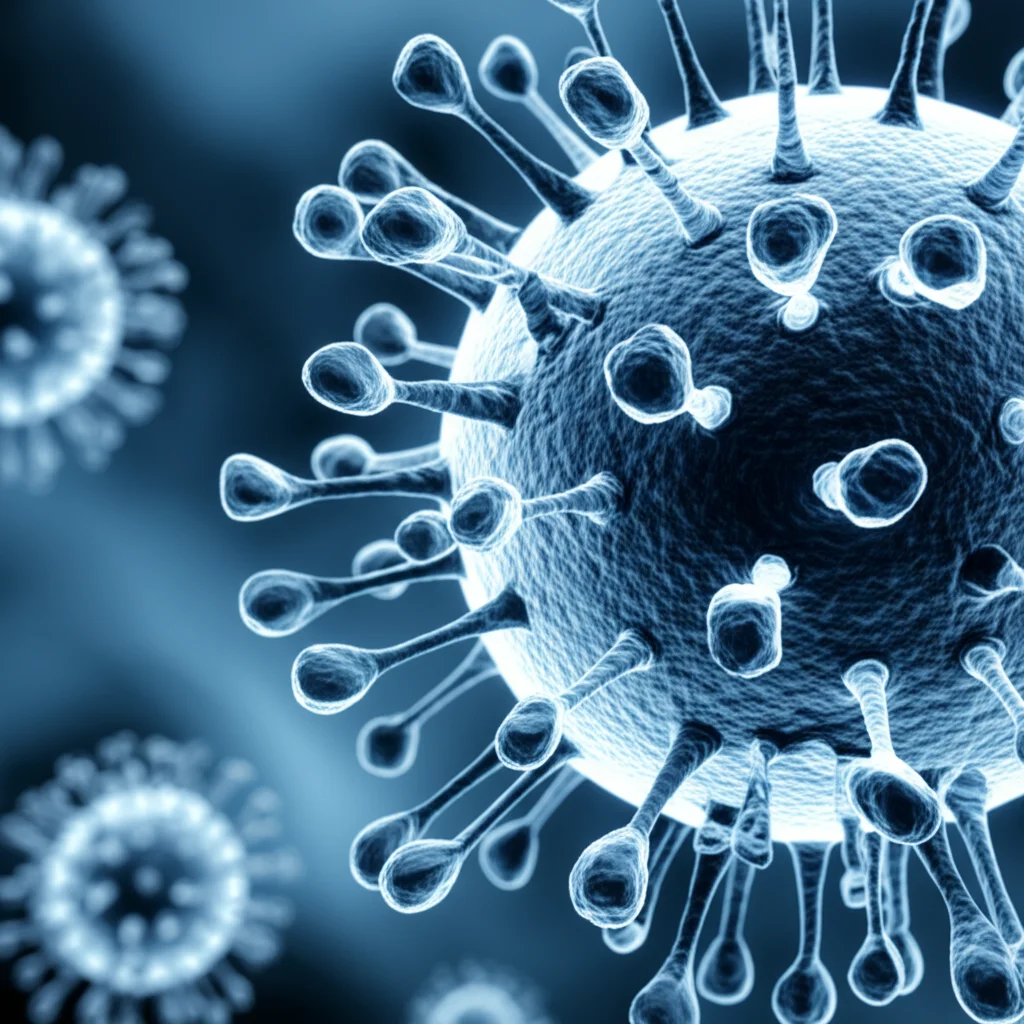 Immagine concettuale di anticorpi stilizzati che circondano e neutralizzano una particella virale SARS-CoV-2, con sfondo di cellule umane. Prime lens, 35mm, depth of field, duotone blu e argento per un look scientifico ma accattivante.