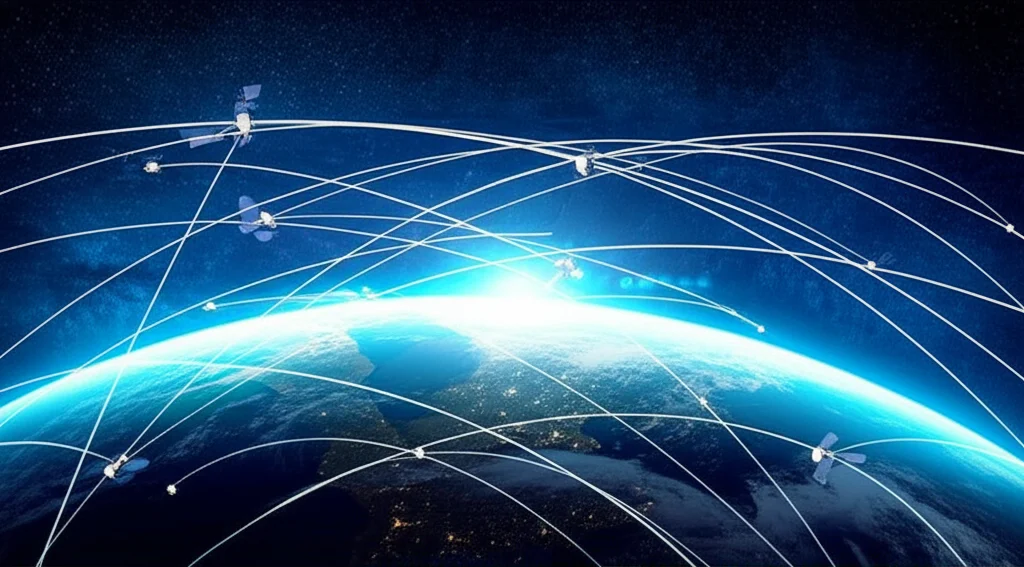 Immagine fotorealistica di satelliti LEO della costellazione Starlink che orbitano attorno alla Terra, con raggi di segnale stilizzati diretti verso la superficie terrestre. La Terra è vista dallo spazio, parzialmente illuminata dal sole. Obiettivo grandangolare 20mm, lunga esposizione per creare scie luminose orbitali, dettagli nitidi della Terra e dei satelliti.