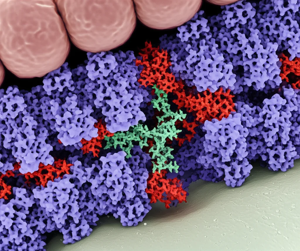 Immagine fotorealistica di un canale ionico TRPV3 inserito in una membrana cellulare, con molecole di poliammina (come la spermina) che interagiscono con l'ingresso intracellulare del poro. Alcune poliammine sono mostrate mentre bloccano il canale, che appare chiuso. L'immagine ha un'illuminazione drammatica e un elevato dettaglio molecolare. Macro lens, 60mm, high detail, precise focusing, controlled lighting.