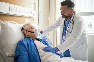 Immagine fotorealistica di un medico e un terapista respiratorio che assistono un paziente anziano in un letto d'ospedale. Il paziente indossa un giubbotto HFCWO e una maschera BiPAP. Luce naturale da una finestra, obiettivo prime 35mm, profondità di campo media, stile documentaristico clinico, colori naturali.