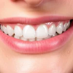 Immagine fotorealistica di un sorriso perfetto e allineato dopo un trattamento ortodontico innovativo con bite turbo, fotografia ritratto con obiettivo da 50mm, profondità di campo che sfoca leggermente lo sfondo, luce naturale morbida per esaltare la brillantezza dei denti.