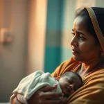 Immagine fotorealistica e toccante di una madre indiana nel Bihar che guarda con speranza il suo neonato, avvolto in una coperta, in un ambiente ospedaliero semplice ma pulito. Luce calda e morbida. Obiettivo prime 50mm, profondità di campo che isola madre e figlio, espressione materna centrale.