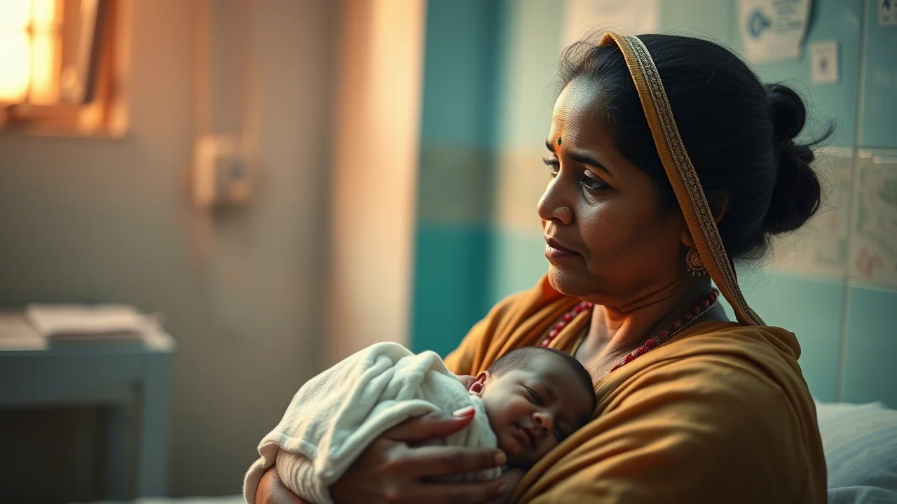 Immagine fotorealistica e toccante di una madre indiana nel Bihar che guarda con speranza il suo neonato, avvolto in una coperta, in un ambiente ospedaliero semplice ma pulito. Luce calda e morbida. Obiettivo prime 50mm, profondità di campo che isola madre e figlio, espressione materna centrale.