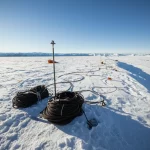 Paesaggio artico vasto e innevato del Cratone dello Schiavo, Canada, sotto un cielo limpido e freddo. In primo piano, attrezzatura geofisica (cavi, sensori) parzialmente visibile sulla neve. Obiettivo grandangolare 15mm, messa a fuoco nitida sul paesaggio che si estende all'orizzonte, luce diurna brillante ma fredda, che evidenzia la vastità e l'isolamento dell'area di esplorazione.