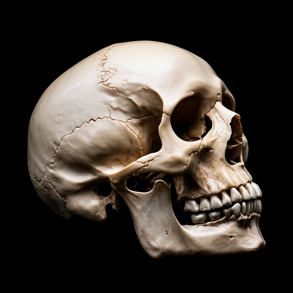 Photorealistic image of a human skull, viewed from the side, showing visible cranial sutures. Macro lens, 60mm, high detail, precise focusing, controlled lighting.