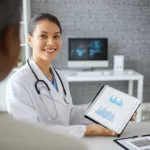 Primo piano di un medico donna sorridente che mostra un tablet con grafici sulla salute a una paziente attenta in uno studio medico moderno e accogliente, 50mm prime lens, profondità di campo ridotta per focalizzare l'interazione, luce morbida e professionale.