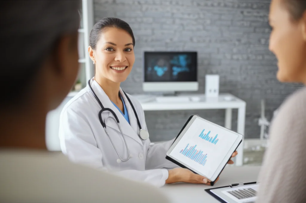 Primo piano di un medico donna sorridente che mostra un tablet con grafici sulla salute a una paziente attenta in uno studio medico moderno e accogliente, 50mm prime lens, profondità di campo ridotta per focalizzare l'interazione, luce morbida e professionale.