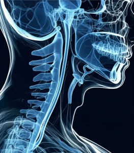 Ricostruzione 3D Angio-RM (MRA) del collo e della testa che mostra in dettaglio l'arteria vertebrale segmentale C5 anomala, alta definizione, focus preciso sui vasi sanguigni, sfondo medico astratto, illuminazione diagnostica.