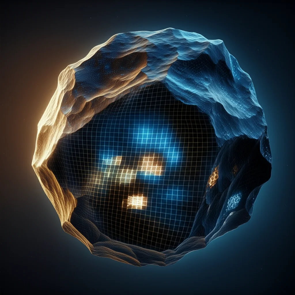 Visualizzazione artistica di un asteroide complesso la cui struttura interna di densità variabile è rivelata da una griglia di voxel luminosi. L'immagine utilizza un obiettivo prime da 35mm con profondità di campo ridotta per focalizzare l'attenzione sui dettagli dei voxel, con tonalità duotone blu scuro e oro per un effetto cosmico e misterioso.