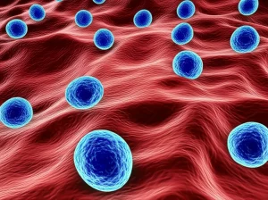Visualizzazione concettuale di farmaci mirati che attaccano selettivamente le cellule tumorali del fegato, lasciando intatte le cellule sane. Immagine macro con obiettivo da 60mm, alta definizione, illuminazione drammatica con fasci di luce che evidenziano l'interazione, sfondo scuro e scientifico.