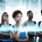 A diverse group of college students looking thoughtfully towards a bright horizon, symbolizing future pathways in technology and academia, wide-angle lens, 24mm, sharp focus.