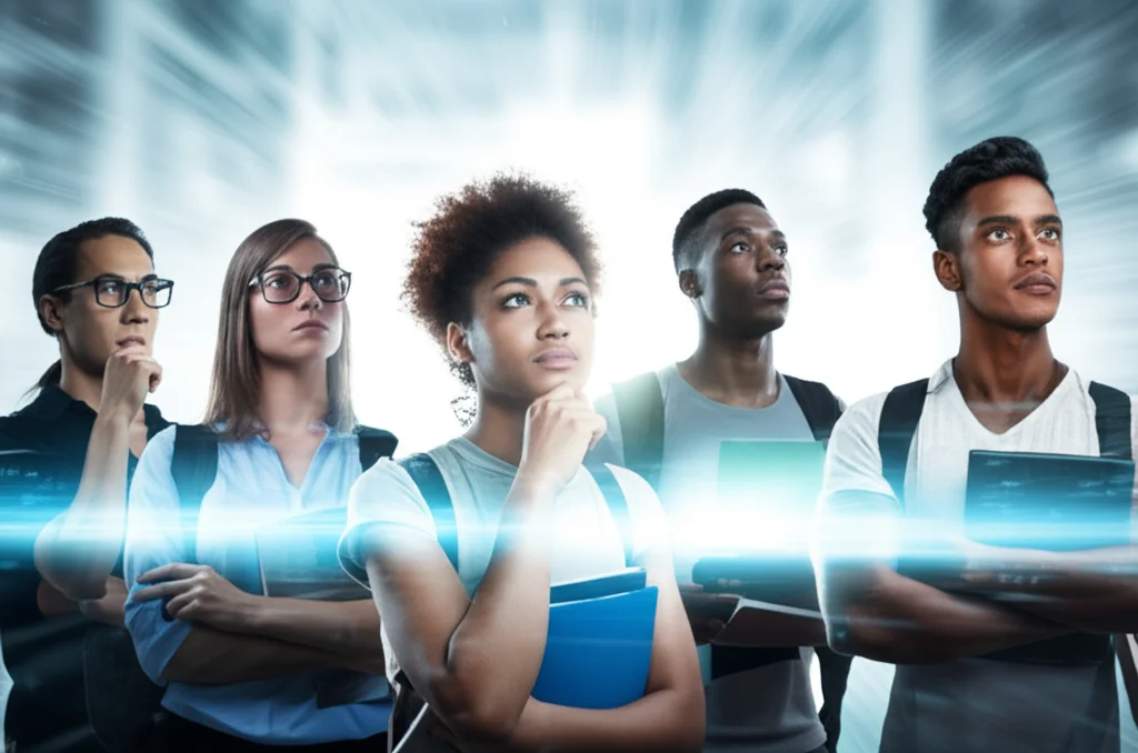 A diverse group of college students looking thoughtfully towards a bright horizon, symbolizing future pathways in technology and academia, wide-angle lens, 24mm, sharp focus.