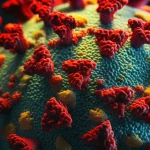 A photorealistic image of stylized SARS-CoV-2 virus particles under a microscope, macro lens, 100mm, high detail, precise focusing, showing the intricate surface of the virus.