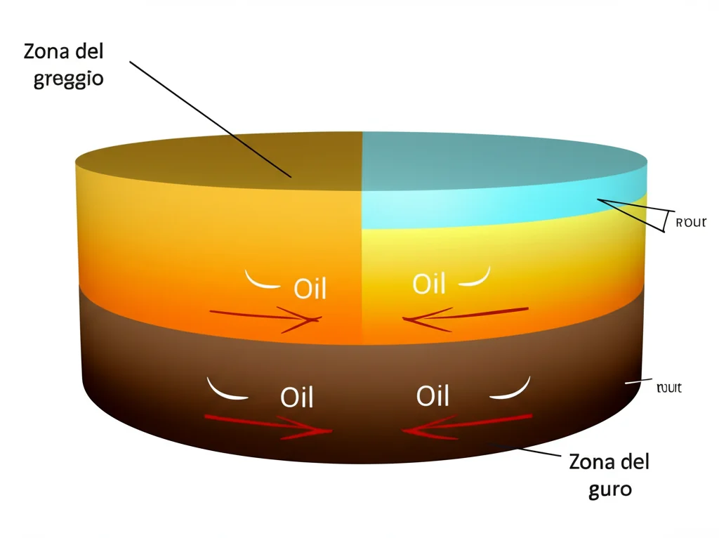 Illustrazione scientifica dettagliata di un modello radiale a tre zone di un pozzo petrolifero durante il gas flooding. Si vedono chiaramente la zona del greggio (marrone), la zona di transizione con fluidi misti (sfumature arancio-gialle) e la zona del gas puro (azzurro chiaro), con frecce che indicano il flusso. Macro lens, 100mm, high detail, precise focusing, controlled lighting.