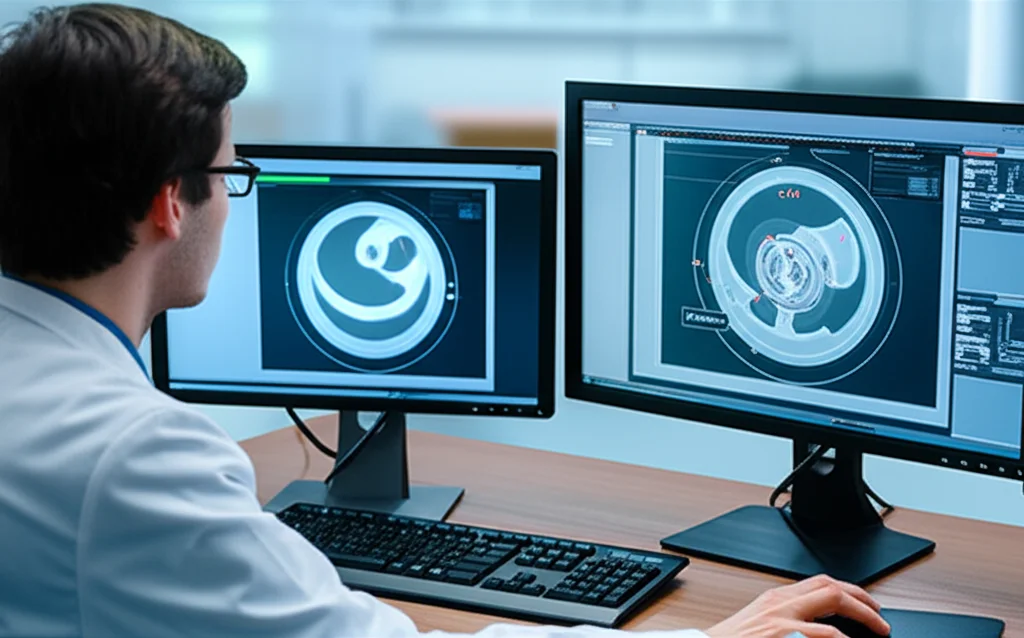 Immagine fotorealistica di un tecnico di radioterapia che analizza immagini CBCT su un computer in una sala di controllo. Sullo schermo, un'immagine di un fantoccio Catphan con indicatori di qualità visibili, come grafici di uniformità e risoluzione. Luce soffusa, ambiente high-tech. Obiettivo prime da 35mm, profondità di campo, colori neutri e professionali.