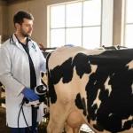 Immagine fotorealistica di un veterinario che esamina una bovina da latte con un ecografo portatile in una stalla moderna e ben illuminata. Obiettivo prime 35mm, profondità di campo per mettere a fuoco il veterinario e la macchina, luce naturale soffusa proveniente da una finestra della stalla, mettendo in risalto l'interazione tra uomo e animale nel contesto della cura veterinaria.